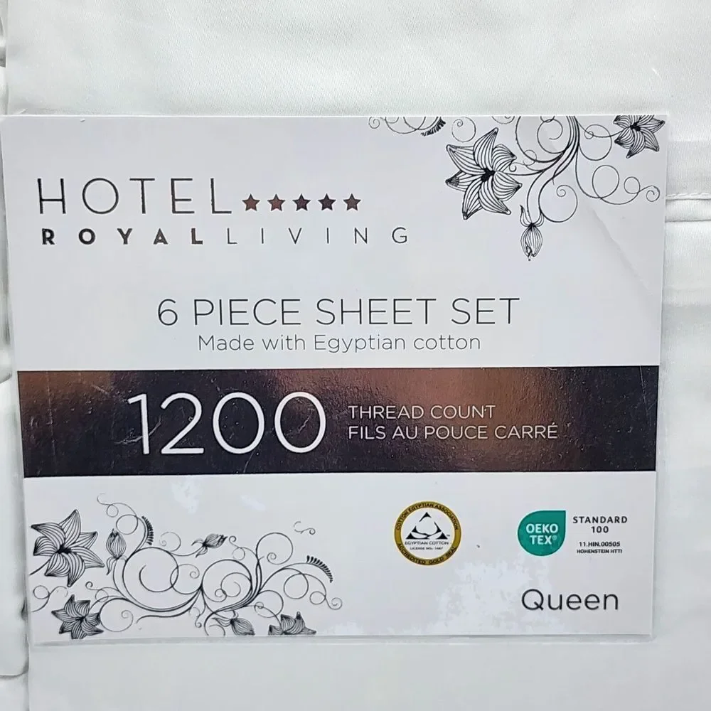 Hotel Royal Living White Queen Sheet Set 6pc 1200 Thread Count‎ Egyptian Cotton
